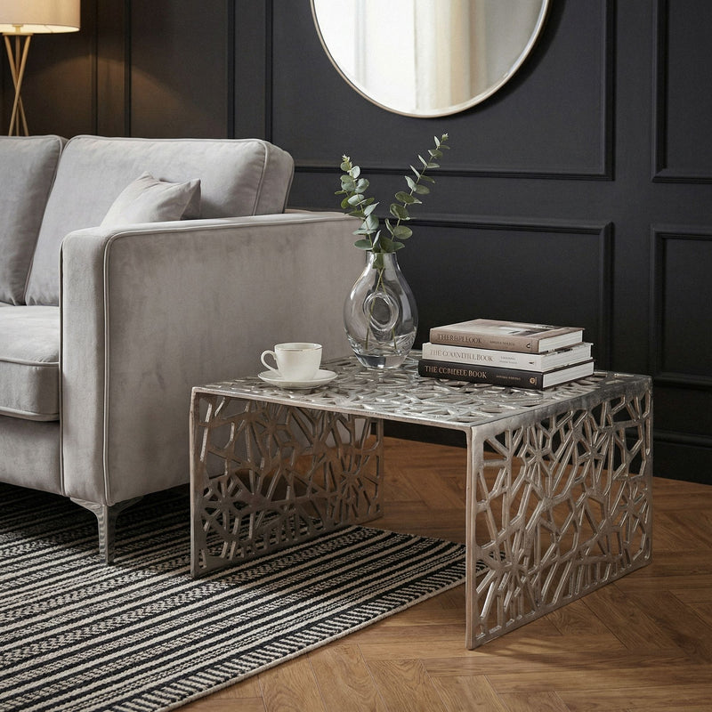 Couchtisch Aluminium Silber 60x60 cm mit Astmuster im Handmade-Design