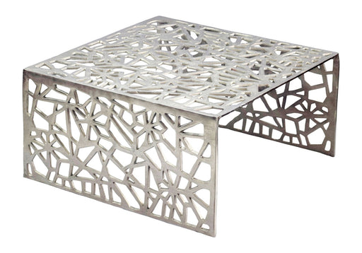 Couchtisch Aluminium Silber 60x60 cm mit Astmuster-Gestell, Gesamtansicht von oben schräg.