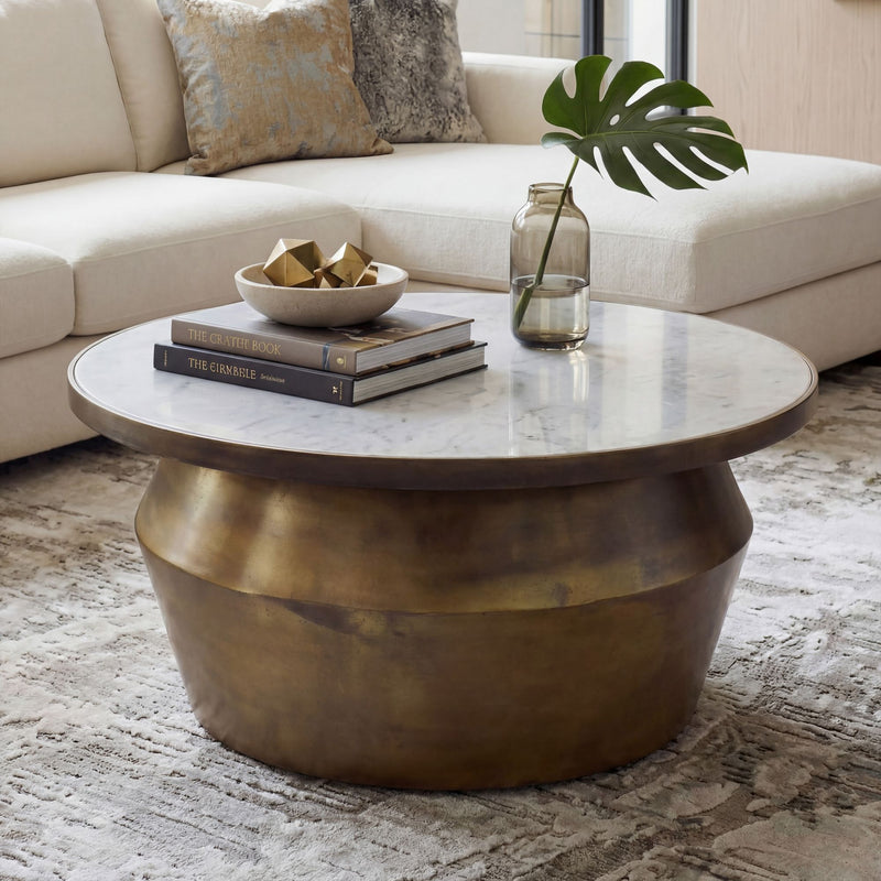 Couchtisch Wohnling rund 60 cm, Marmor-Tischplatte mit Eisengestell