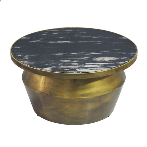Couchtisch rund 60 cm mit schwarzer Marmorplatte und goldfarbenem Eisengestell in Gesamtansicht.
