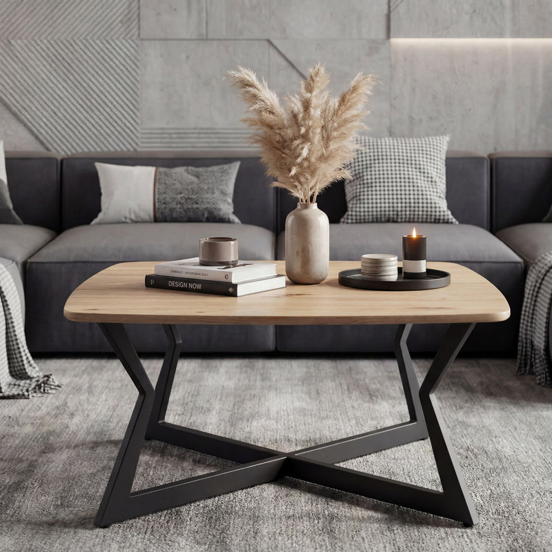 Couchtisch Quadratisch 75x75cm Eiche-Optik, Zickzack-Gestell Schwarz