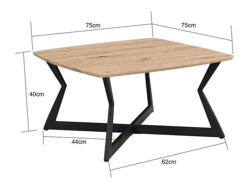 Couchtisch Quadratisch 75x75cm Eiche-Optik, Zickzack-Gestell Schwarz
