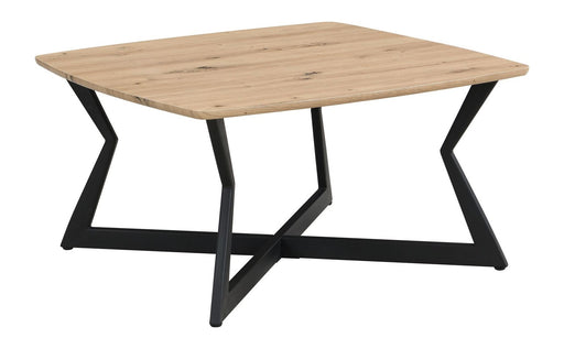 Couchtisch Quadratisch 75x75cm Eiche-Optik mit schwarzem Zickzack-Metallgestell in Gesamtansicht.