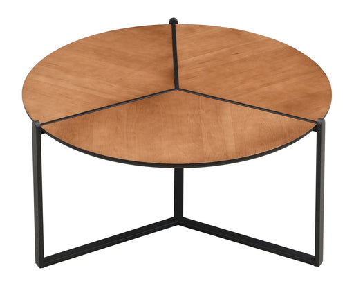 Couchtisch 80cm Wohnling mit runder brauner Holzoptik-Platte und schwarzem Dreibein-Metallgestell in Gesamtansicht.