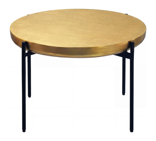 Couchtisch Rund Gold aus Aluminium mit goldener runder Tischplatte und schwarzem Eisengestell, Gesamtansicht.