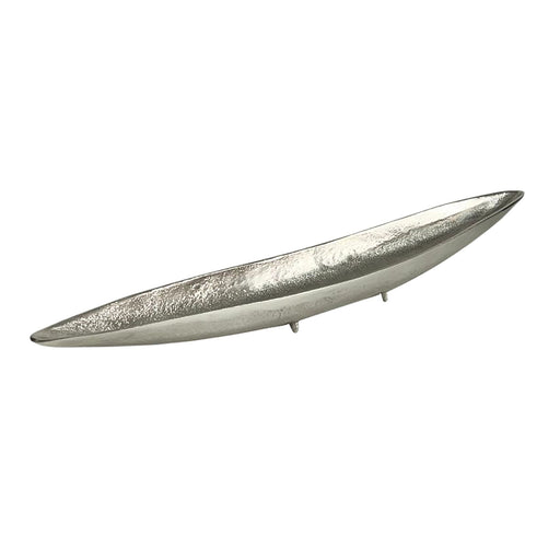 Dekoschale Wohnling Silber 80 cm aus Aluminium in länglicher, spitz zulaufender Form, Gesamtansicht.