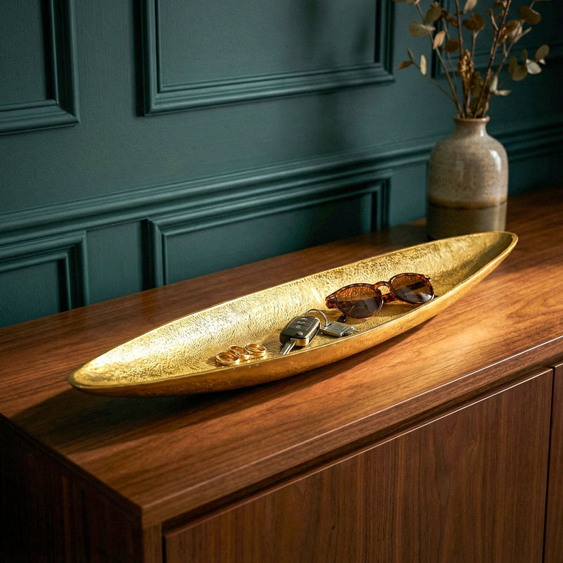 Dekoschale Gold 60 cm Aluminium – schmale Metallschale Wohnzimmer