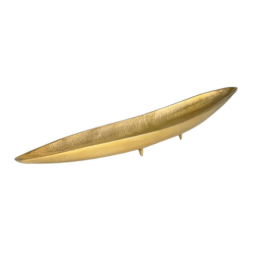 Gesamtansicht der Dekoschale Gold 60 cm Aluminium in goldener Farbe mit länglicher, spitzer Form und kleinen Füßchen.