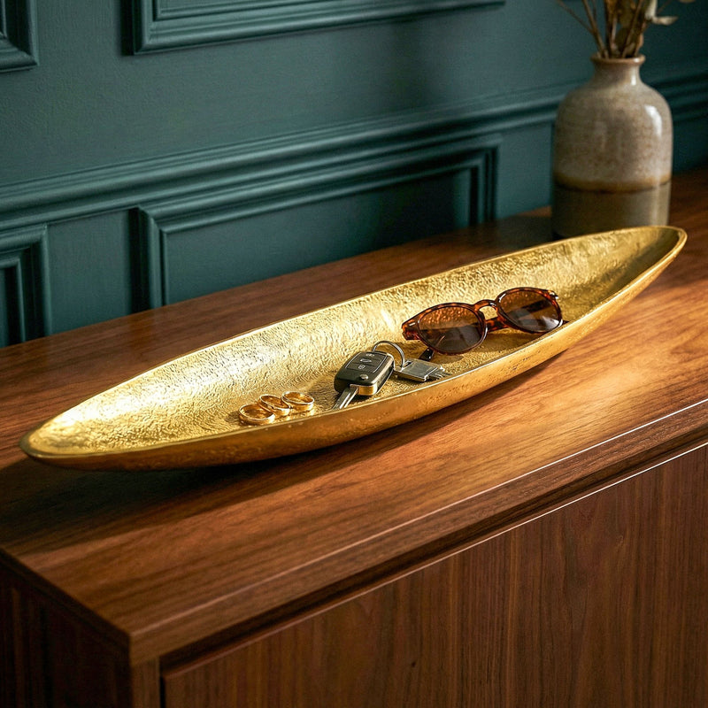Dekoschale Gold 80 cm aus Aluminium – schmale Metallschale Handmade