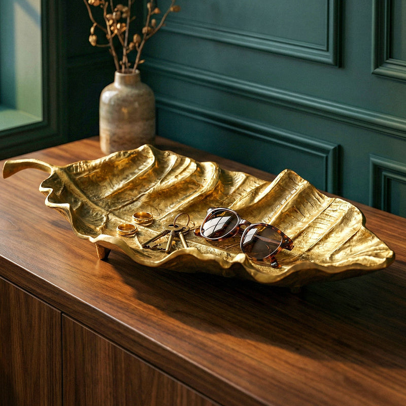 Dekoschale Blatt Gold 67 cm aus Aluminium – Wohnling Handmade