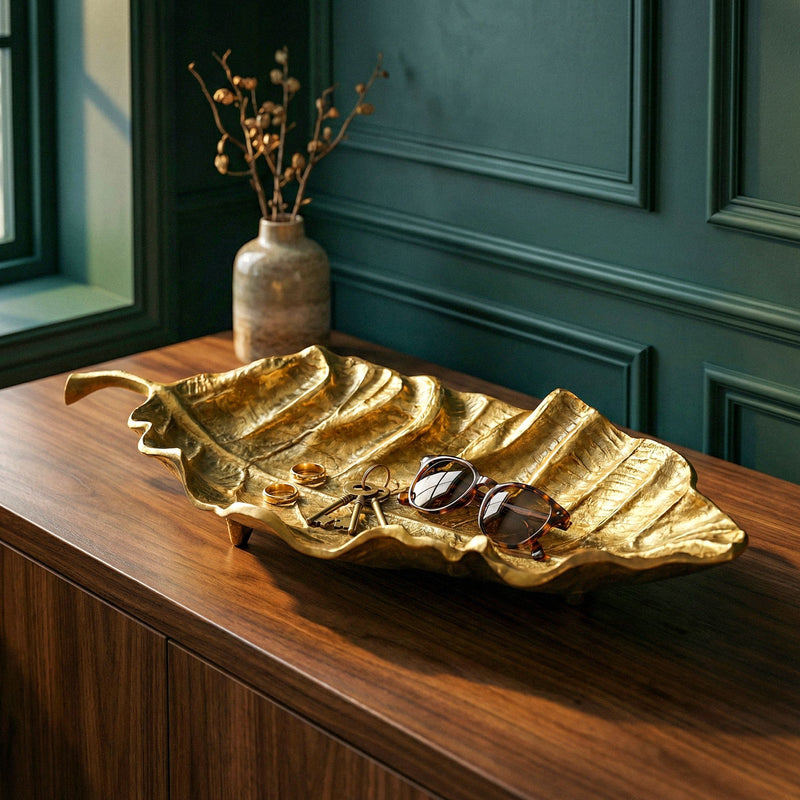 Dekoschale Blatt Gold 67 cm aus Aluminium – Wohnling Handmade