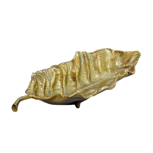 Dekoschale Blatt Gold 67 cm aus Aluminium in Gesamtansicht mit reliefierter Blattoberfläche und geschwungenem Stiel.