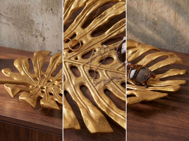 Dekoschale Monstera Gold 36 cm – Handmade Schmuckschale aus Aluminium