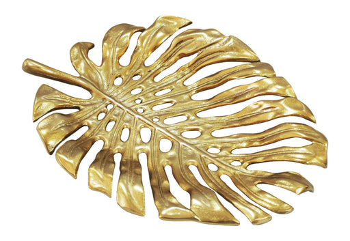 Dekoschale Monstera Gold 36 cm in Gesamtansicht mit durchbrochenen Blattrippen und goldener Aluminium-Oberfläche.