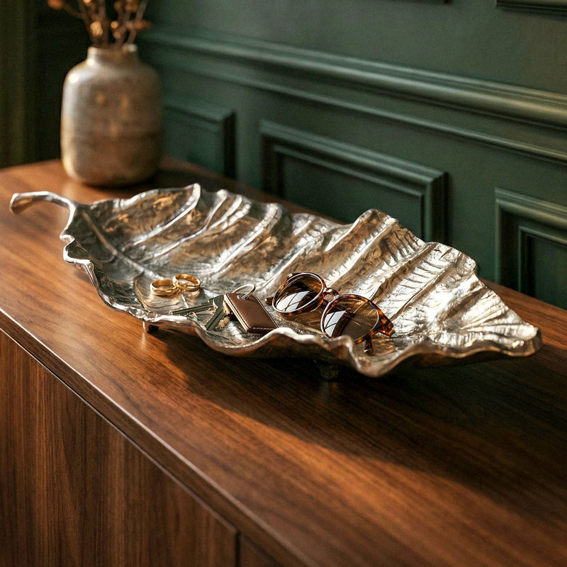 Dekoschale Blatt Aluminium Silber, 67 cm - Wohnling Tischdeko