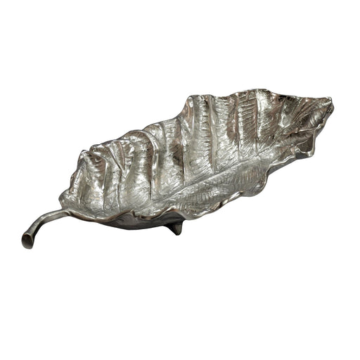 Dekoschale Blatt Aluminium Silber, 67 cm mit detaillierter Blattstruktur in Seitenansicht.