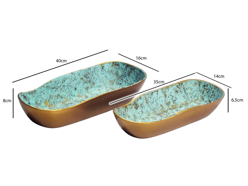 Dekoschale Oval 2er-Set Gold Patina aus Aluminium, Vintage-Look