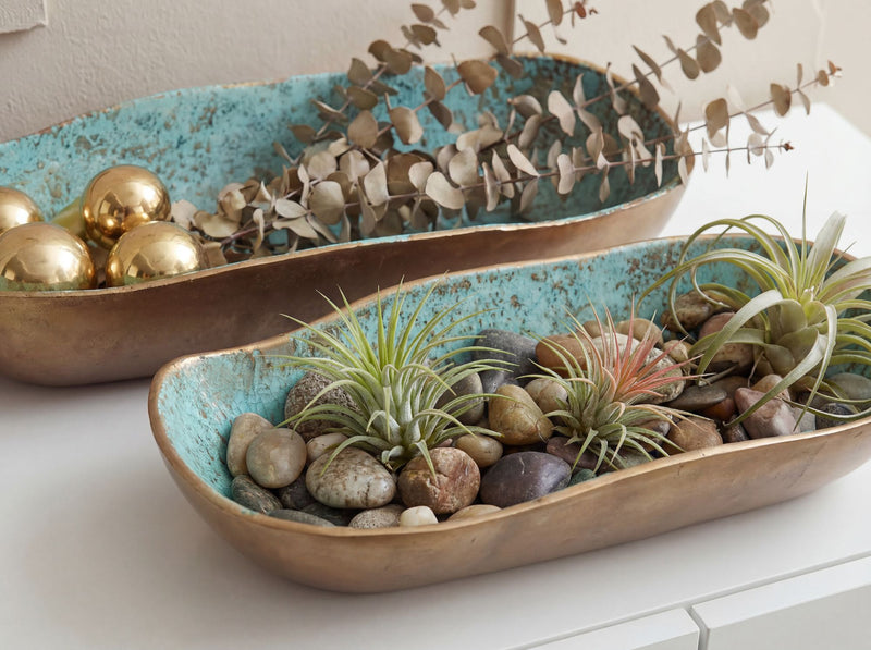 Dekoschale Oval 2er-Set Gold Patina aus Aluminium, Vintage-Look