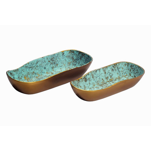 Gesamtansicht des Dekoschale Oval 2er-Set Gold Patina mit türkiser Innenoberfläche und goldenem Außenbereich.