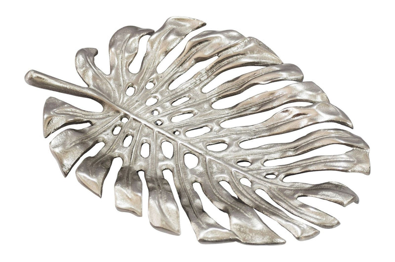 Dekoschale Monstera 36 cm Silber aus Aluminium, Schmuckschale Handmade