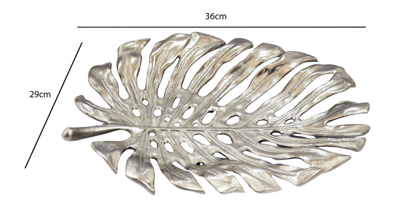 Dekoschale Monstera 36 cm Silber aus Aluminium, Schmuckschale Handmade