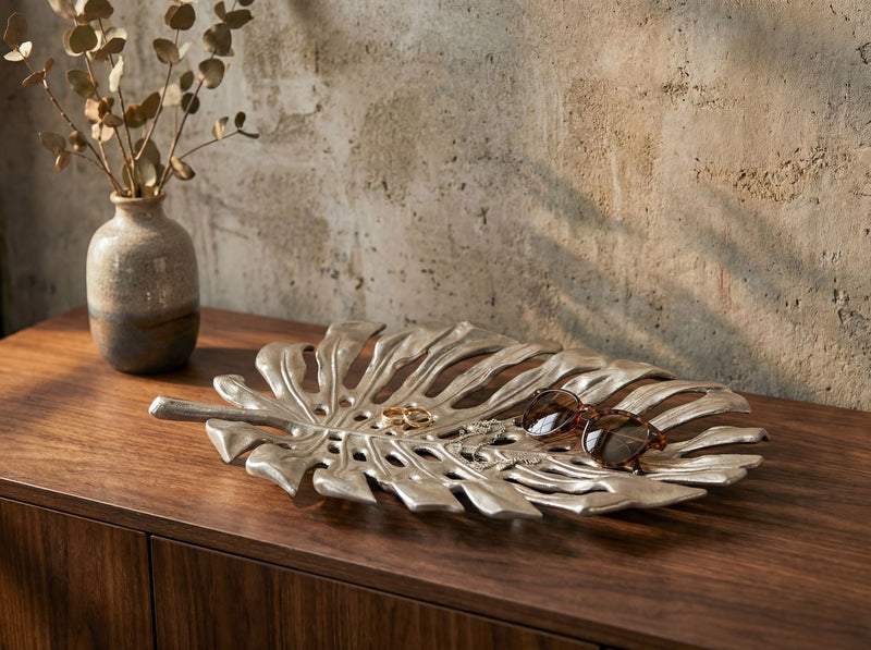 Dekoschale Monstera 36 cm Silber aus Aluminium, Schmuckschale Handmade