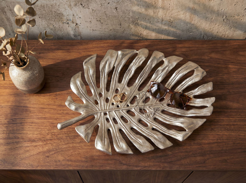 Dekoschale Monstera 36 cm Silber aus Aluminium, Schmuckschale Handmade