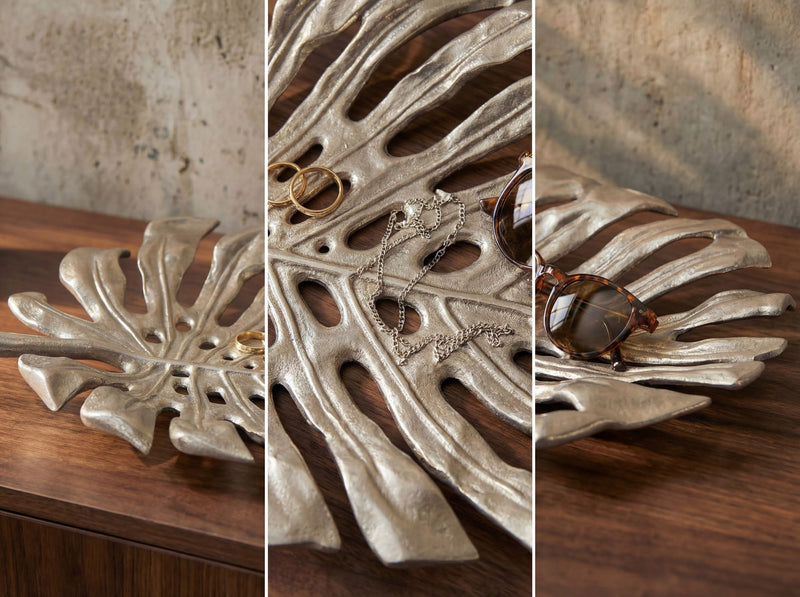 Dekoschale Monstera 36 cm Silber aus Aluminium, Schmuckschale Handmade