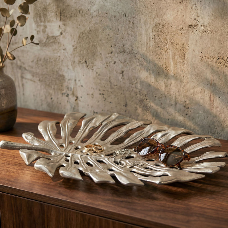 Dekoschale Monstera 36 cm Silber aus Aluminium, Schmuckschale Handmade