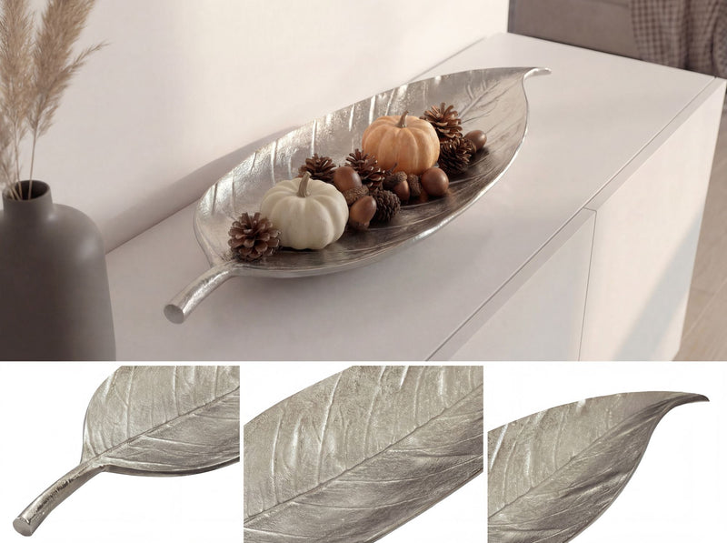 Dekoschale Blatt Wohnling aus Aluminium in Silber, 61 cm Handarbeit