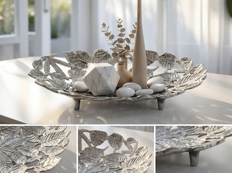 Dekoschale Oval Silber aus Aluminium mit Blätter-Optik, Wohnling