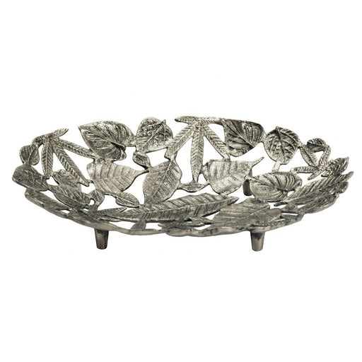 Dekoschale Oval Silber aus Aluminium mit Blätter-Optik in Silberfarbe, Gesamtansicht von oben.