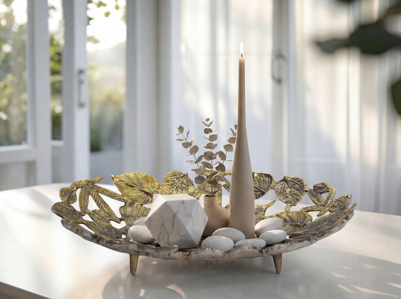 Dekoschale Oval Gold aus Aluminium im Blätter-Design 49 cm Wohnling