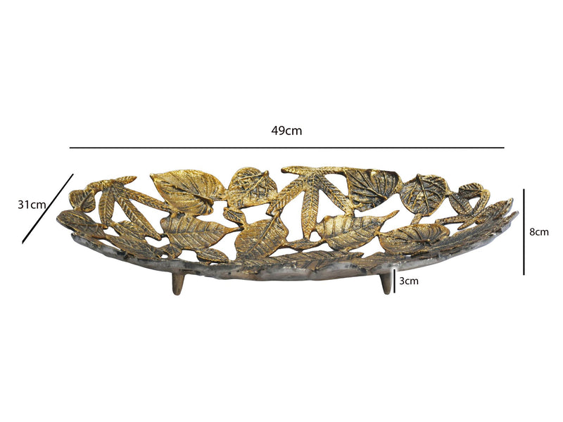 Dekoschale Oval Gold aus Aluminium im Blätter-Design 49 cm Wohnling