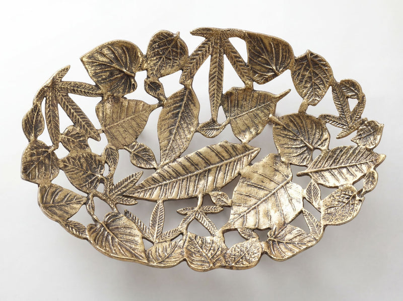 Dekoschale Oval Gold aus Aluminium im Blätter-Design 49 cm Wohnling