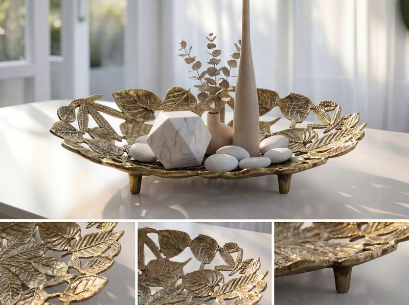 Dekoschale Oval Gold aus Aluminium im Blätter-Design 49 cm Wohnling