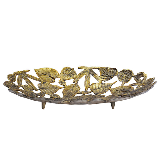Dekoschale Oval Gold aus Aluminium mit Blätter-Design, Gesamtansicht von oben mit Metallfüßchen.