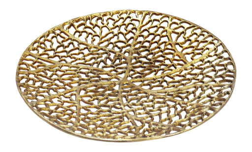 Wohnling Dekoschale Gold 44 cm Aluminium in Gesamtansicht mit offenem, filigran durchbrochenem Baumdesign.