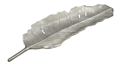 Dekoschale Blatt Wohnling Silber 60 cm aus Aluminium in Gesamtansicht mit strukturierter Oberfläche.