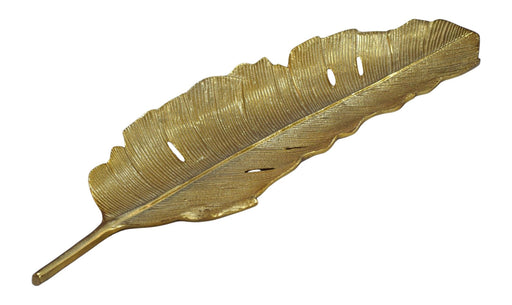 Dekoschale Blatt Gold aus Aluminium in Gesamtansicht mit strukturierter Oberfläche und durchbrochenen Öffnungen.