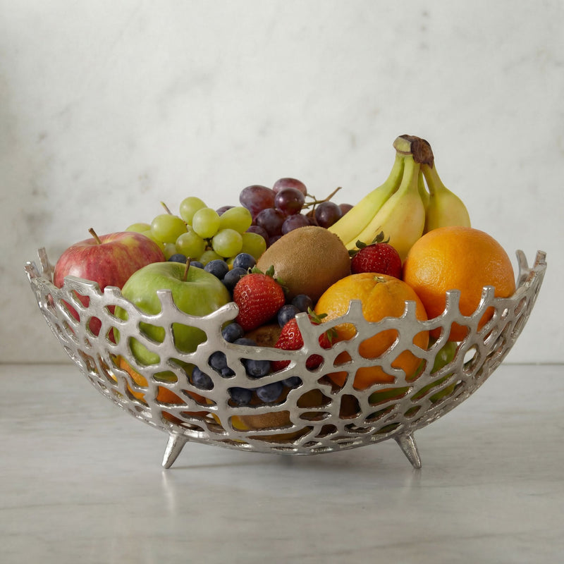 Obstschale Rund Silber 46 cm aus Aluminium mit Korallen-Optik