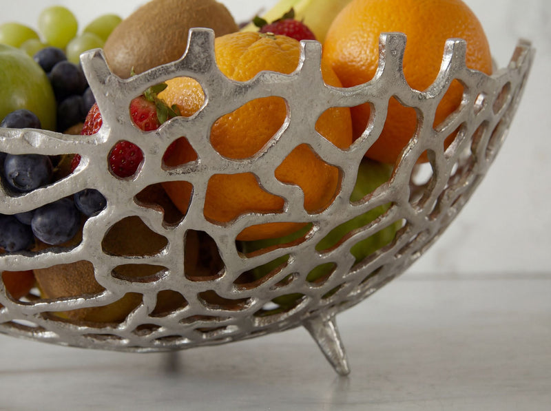Obstschale Rund Silber 46 cm aus Aluminium mit Korallen-Optik