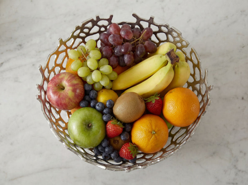Obstschale Rund Silber 46 cm aus Aluminium mit Korallen-Optik