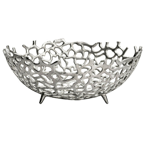 Obstschale Rund Silber 46 cm aus Aluminium mit durchbrochener Korallen-Optik in Gesamtansicht.