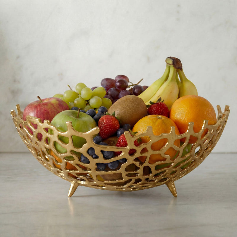 Wohnling Obstschale Gold, 46 cm – Aluminium-Obstkorb mit Korallenoptik