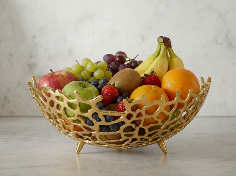 Wohnling Obstschale Gold, 46 cm – Aluminium-Obstkorb mit Korallenoptik