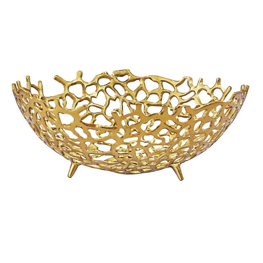 Wohnling Obstschale Gold in Gesamtansicht mit durchbrochenem Korallendesign und drei Füßen.