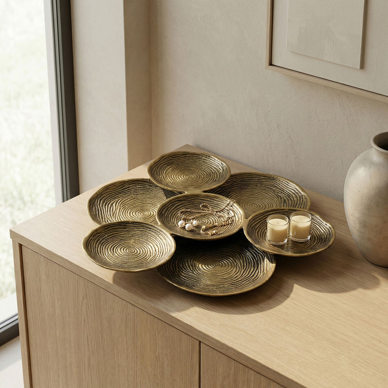 Dekoschale Gold 44 cm rund aus Aluminium mit Spiralmuster, Handmade
