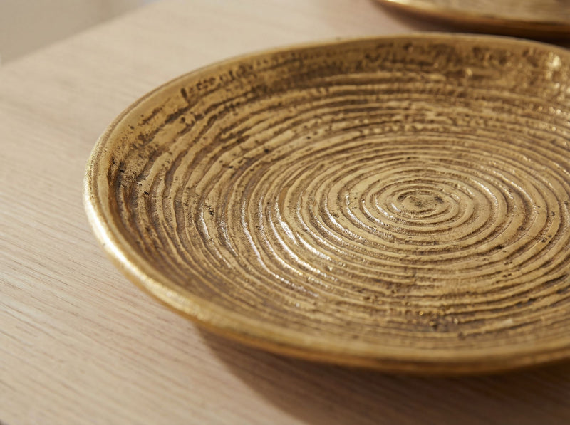 Dekoschale Gold 44 cm rund aus Aluminium mit Spiralmuster, Handmade