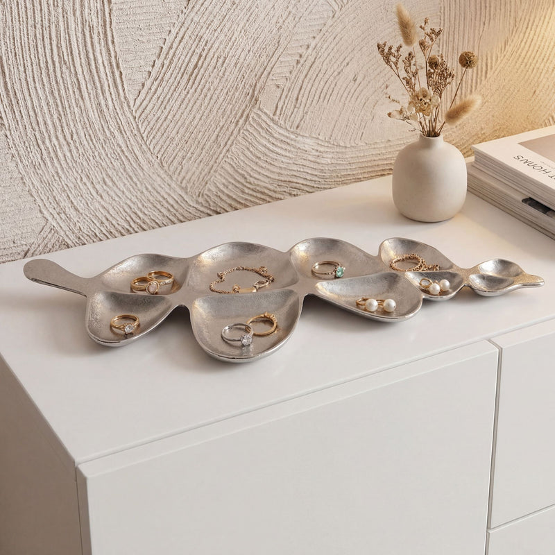 Dekoschale Blattform Silber, Handmade Aluminium-Tischdeko 60cm